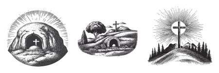 Collection of three vintage vector illustrations depicting crosses, graves, and serene landscapes. Perfect for religious-themed designs or memorial graphics.のイラスト素材