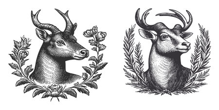 Discover this stunning vector art featuring engraved deer heads, beautifully surrounded by floral and leafy designs, perfect for vintage themes and wildlife art.のイラスト素材