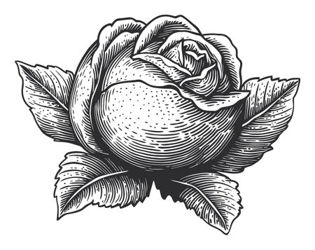 A vintage-style vector illustration featuring a detailed rose flower with leaves. This monochrome artwork captures the beauty of nature and is perfect for various design projects.のイラスト素材