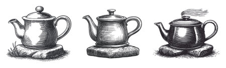 Discover a set of vintage teapot illustrations in a refined vector art style. Perfect for design, advertising, or home decor elements, these detailed drawings evoke a classic charm.のイラスト素材