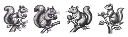 Explore a detailed vector illustration featuring four unique squirrels, each depicted in playful poses on branches. A perfect blend of art and nature!のイラスト素材
