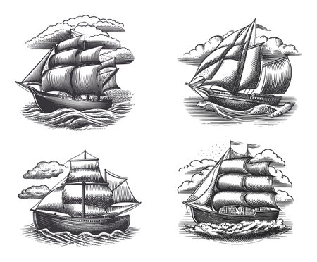 Explore classic black and white illustrations of vintage sailing ships. Perfect for nautical themes and designs reflecting maritime history and adventure.のイラスト素材