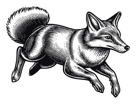 This vector illustration features a detailed black and white rendering of a leaping fox. The artwork captures the dynamic motion and playful nature of this captivating animal.のイラスト素材