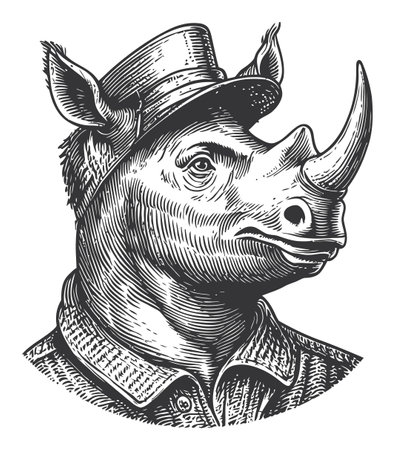 This vintage illustration features a stylized rhinoceros in a military uniform, complete with a cap. Perfect for animal lovers and art enthusiasts.のイラスト素材