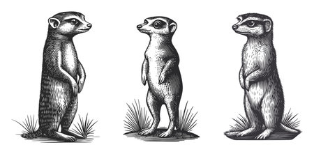 This charming illustration features three unique meerkats standing in artistic poses, showcasing their curious nature. Ideal for wildlife and animal lovers.のイラスト素材
