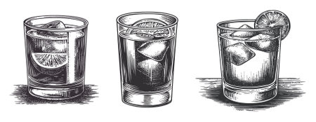 Explore a collection of vintage vector illustrations featuring three distinct drinks with ice and garnishes, perfect for beverage-themed designs and artwork.のイラスト素材