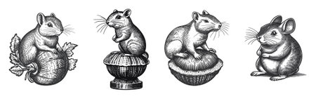 This vintage vector illustration features four charming rodents in detailed art. Perfect for animal-themed designs, this black-and-white image captures the essence of whimsy.のイラスト素材