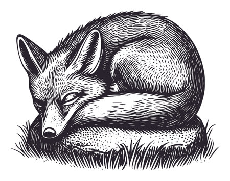 This artwork features a finely detailed linocut engraving of a sleepy fox, curled comfortably on a rock amidst grass, embodying tranquility and nature's beauty.のイラスト素材