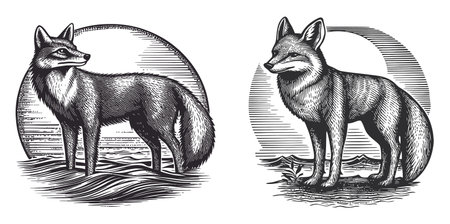 Explore this intricate vector illustration featuring two distinct fox designs. Capturing the essence of wildlife, this artwork blends modern aesthetics with vintage engraving techniques.のイラスト素材