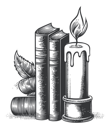 This vintage engraving artwork features a candle beside stacked books, creating a cozy reading atmosphere. Ideal for home decor or literary themes.のイラスト素材