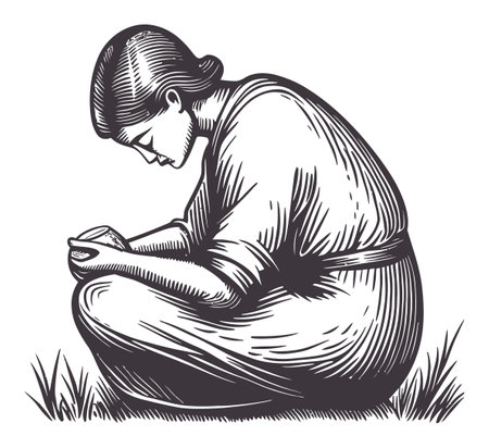 This vintage vector art illustration depicts a woman in a contemplative pose, embodying serenity and tranquility in a minimalist design, ideal for creative projects.のイラスト素材