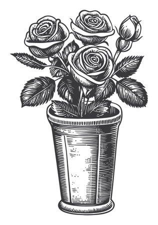 This vintage engraving showcases three elegant roses in a decorative pot, ideal for illustrating love, beauty, and nature in home decor or art projects.のイラスト素材