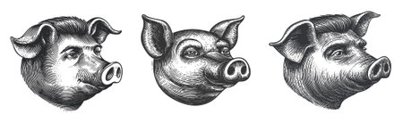 Explore this detailed vintage vector illustration showcasing three distinct pig heads in profile view, perfect for art, design, and creative projects.のイラスト素材