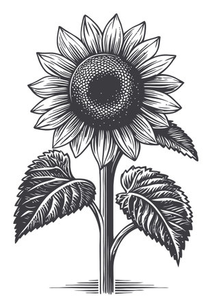 A striking black and white engraving of a sunflower with intricate leaves, suitable for various artistic projects and nature-themed designs.のイラスト素材
