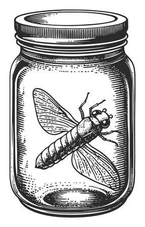 Discover a vintage engraving depicting a cicada encased in a jar, perfect for artistic projects or nature-themed designs. This detailed illustration showcases classic artistry.のイラスト素材
