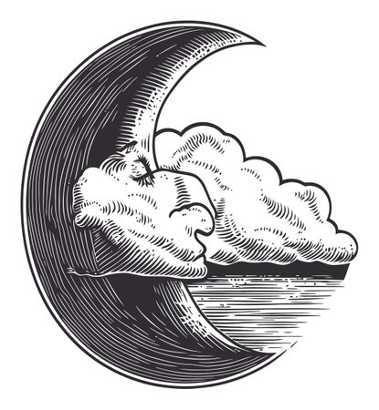 This unique engraving features a crescent moon surrounded by clouds and gentle waves, showcasing a serene night scene in a linocut style. Perfect for artistic projects.のイラスト素材