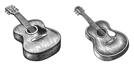 High-quality vector illustration of an acoustic guitar, showcasing intricate details and texture in a classic black and white style, perfect for artistic projects.のイラスト素材