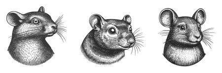 Explore this collection of vintage vector illustrations showcasing detailed mouse heads in an exquisite engraving style. Perfect for art and design projects.のイラスト素材