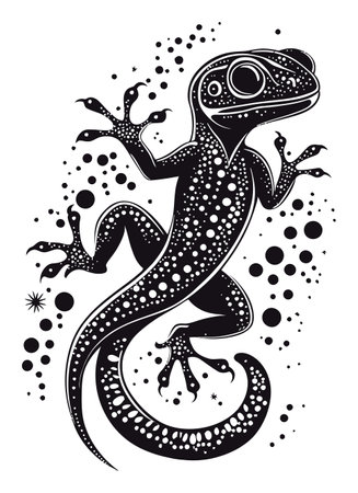 This striking vector illustration showcases a stylized gecko in black and white, featuring intricate dot patterns and an artistic design perfect for diverse creative projects.のイラスト素材