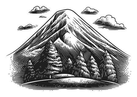 Vintage-style black and white illustration of a mountain with pine trees and clouds, perfect for nature-themed projects, outdoor adventures, and artistic designs.のイラスト素材