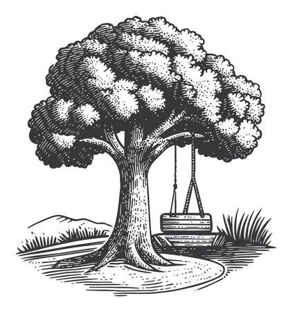 This vintage engraving features a detailed tree with a swing, evoking nostalgia and calm. Perfect for nature-inspired designs or childhood memories.のイラスト素材