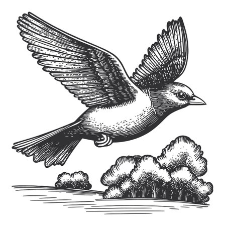 Captivating vintage engraving showcasing a bird in flight above a lush landscape. Ideal for nature-themed designs and artistic projects.のイラスト素材