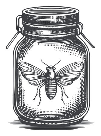 This vintage engraving depicts a jar containing a detailed moth illustration. Perfect for art lovers and nature enthusiasts, this design adds a unique touch to projects.のイラスト素材