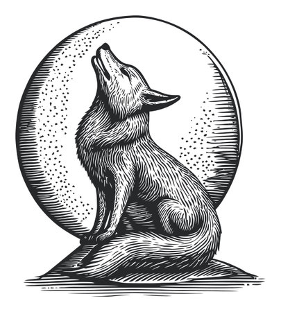 This detailed engraving features a howling fox against a moonlit background. The artwork captures the essence of wildlife with striking black and white contrasts.のイラスト素材