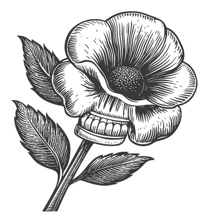 Unique floral engraving featuring a skull subtly merged with a flower, showcasing intricate linocut detail. A striking piece for artistic projects.のイラスト素材