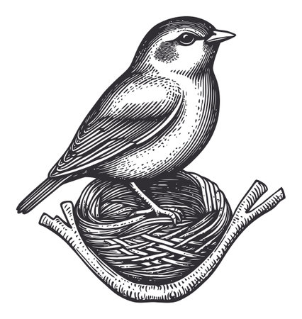 A detailed engraving illustration of a bird standing atop its nest, showcasing intricate feather patterns and rustic design, perfect for nature-inspired themes.のイラスト素材