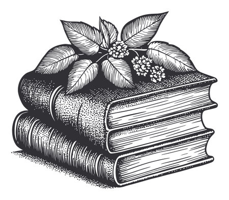 A detailed vintage engraving of stacked books adorned with leaves and flowers. This black and white illustration captures the beauty of classic literature and nature.のイラスト素材