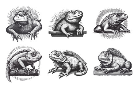 Explore a collection of detailed black and white illustrations showcasing various lizard species, perfect for art projects, educational materials, and wildlife-themed designs.のイラスト素材