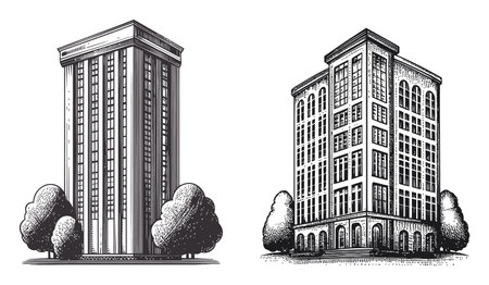Explore this detailed vector illustration showcasing two distinct commercial buildings surrounded by trees, highlighting unique architectural designs and urban elements.のイラスト素材