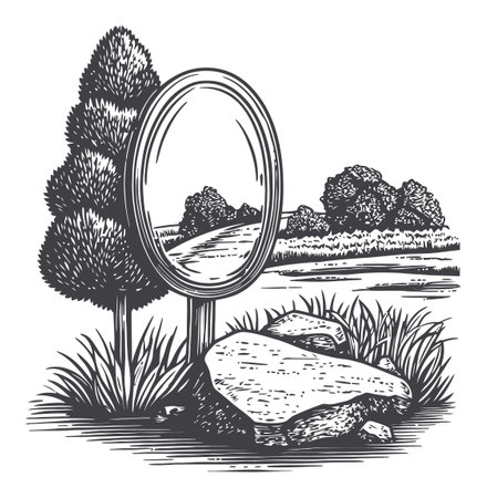 This detailed engraving-style linocut features a mirror surrounded by trees and rocks, creating a serene outdoor scene perfect for various artistic projects.のイラスト素材
