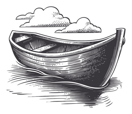 Detailed vintage engraving of a wooden boat gently resting on water, surrounded by fluffy clouds. Perfect for nature and maritime-themed projects.のイラスト素材