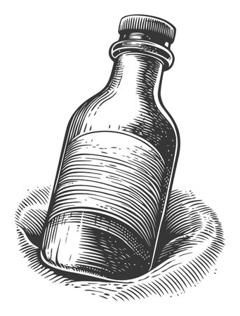 This vintage engraving of a bottle with a label showcases detailed textures and an artistic style ideal for various design projects and decorative uses.のイラスト素材