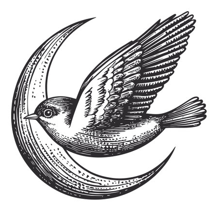 This intricate engraving showcases a bird in flight alongside a crescent moon, blending nature and artistry. Ideal for designs and decor.のイラスト素材