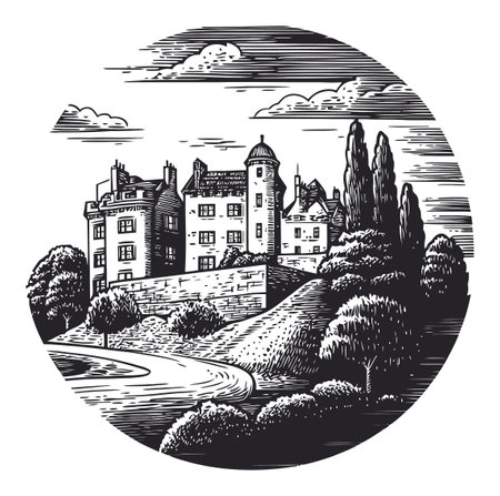 A detailed engraving depicting a historic mansion nestled in a lush landscape, showcasing trees, hills, and clouds, capturing a serene rural atmosphere.のイラスト素材