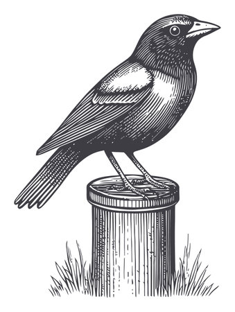This detailed vintage engraving showcases a bird perched on a wooden post. The black and white illustration captures the essence of wildlife in an artistic manner.のイラスト素材