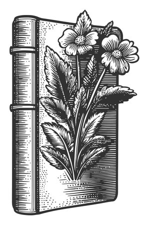 This intricate vintage floral engraving features a book adorned with wildflowers and leaves. Perfect for botanical art lovers and vintage enthusiasts.のイラスト素材