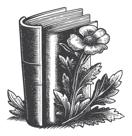 Detailed engraving of a book with a flower, ideal for artistic projects. This vector artwork combines nature and literature in a vintage-inspired style.のイラスト素材