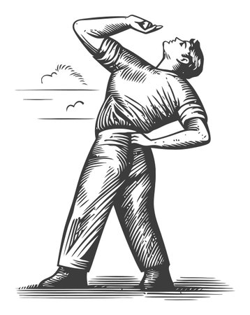 Detailed vintage illustration of a man gesturing upwards, showcasing body language and emotion. This unique engraving captures a thoughtful moment against a minimalist backdrop.のイラスト素材