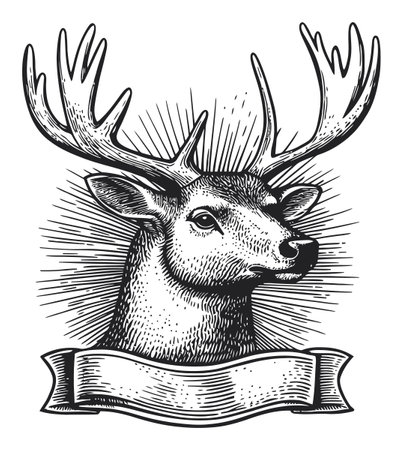 Detailed vintage engraving of a majestic deer head with prominent antlers, featuring a decorative banner below. Ideal for nature and hunting-themed designs.のイラスト素材