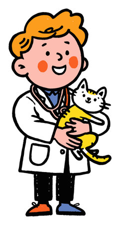 A charming illustration of a friendly veterinarian holding a cheerful cat. The vibrant flat vector style captures the joy of pet care and animal companionship.のイラスト素材