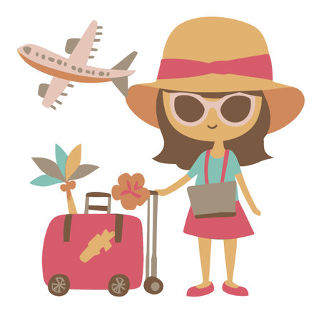 This cheerful cartoon girl embodies the spirit of travel, standing with her luggage and a plane overhead. Perfect for designs emphasizing adventure and vacation fun.のイラスト素材