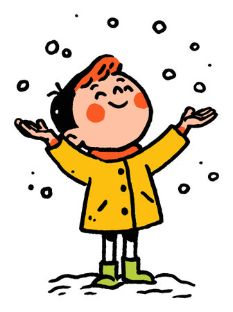 A joyful boy in a yellow coat enjoys the snow, playfully catching snowflakes. This cheerful illustration captures the essence of winter fun and childhood innocence.のイラスト素材