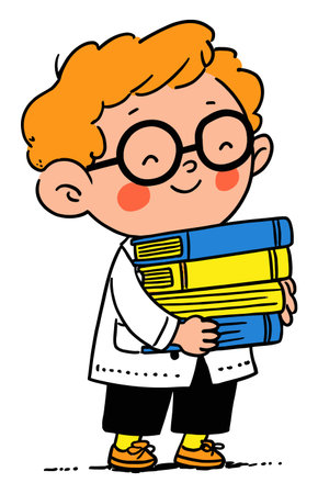 A cheerful boy with glasses happily carries a stack of colorful books. This flat vector illustration captures the essence of childhood joy and learning.のイラスト素材