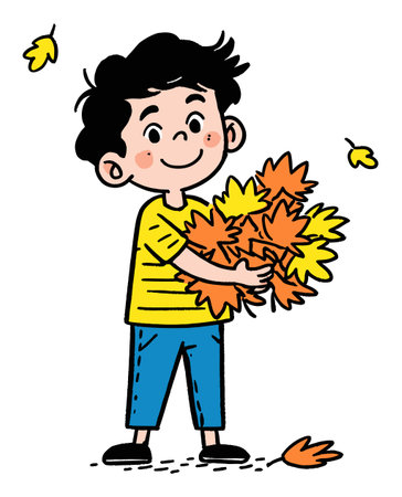 A joyful child holds vibrant autumn leaves in this charming flat vector illustration. Perfect for seasonal themes, this design radiates happiness and playfulness.のイラスト素材