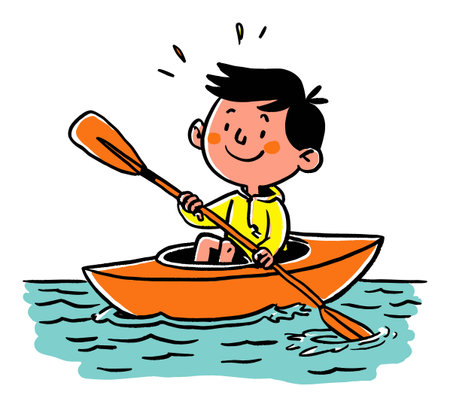 A vibrant illustration of a cheerful boy kayaking on the water in a flat vector style. The boy enjoys his adventure with a smile, showcasing the joy of outdoor activities.のイラスト素材
