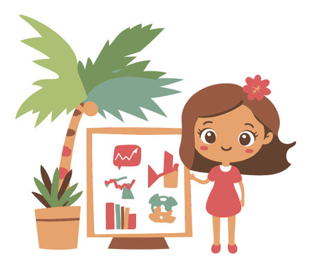 This vibrant vector illustration features a cheerful girl presenting colorful charts beside a palm tree, symbolizing business growth and creativity in a friendly setting.のイラスト素材